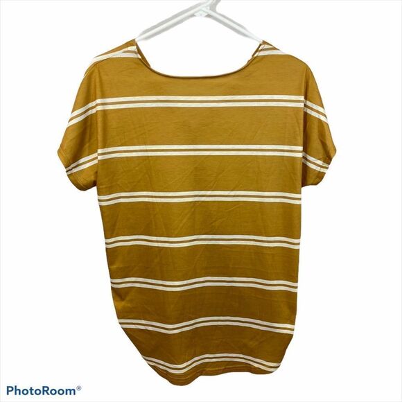 Striped Mustard Button Back Short Sleeved Blouse - Picture 3 of 9